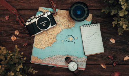 a map, a camera and a watch on a table