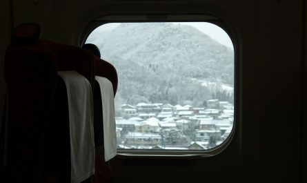 a window with a view of a snowy mountain